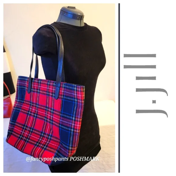 ❤J JILL real LEATHER trim 100% cotton plaid NWOTzipper, interior pocket tote bag - Picture 1 of 16